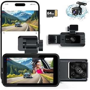 Dash Cam Front and Rear, Dash Camera for Cars, Car Camera with 64GB Card, G-Sensor, 3” IPS Screen, 24Hr Parking, 170°Wide Angle, Loop Recording, IR Night Vision，G-Sensor