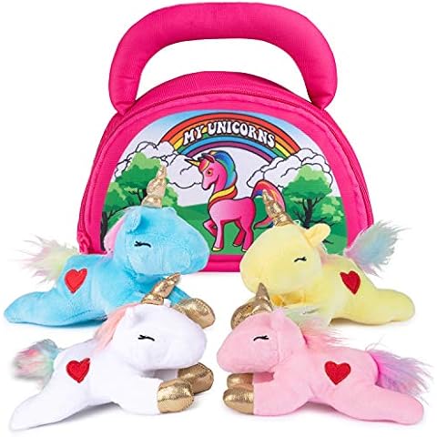 Plush Creations Talking Unicorn Plush Toy Set Includes 4 Talking Soft Stuffed Unicorns for Girls, A Pink, Blue, White, & Yellow Plush Unicorn Doll with A Pink Carrier, Great Gift for Baby and Toddler Cover