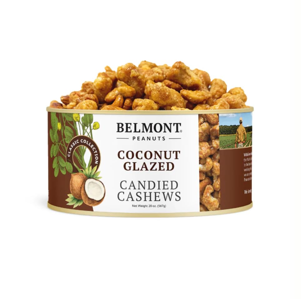 Belmont Peanuts Coconut Glazed Candied Cashews, 20 oz (1 Pack) – Simple Ingredients, No Preservatives, Hand Seasoned