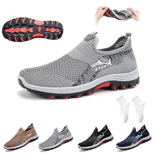 Jarv Cooling Comfort Sneaker, Atlacoast Mens Breathable Mesh Slip-On Summer Walking Shoes, Breathable Orthopedic Anti Slip Shoes(Grey,US 9-9.5)