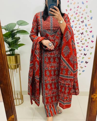Image of krisjan|Women's Pure Cotton Printed with Handwork Kurta with Pants and Dupatta Set | Ethnic Set | Suit Set | Kurta Set | Wedding Suit Set