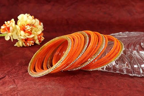 Image of NMII Fancy Glass Golden Zircon Diamond Stone & Velvet Finish Plain Bangles Set For Women & Girls | Glass Velvet Bangles | Kanch ki Chudiyan | Girl's Bangles Bracelet | Fashion Jewellery- Set of 32
