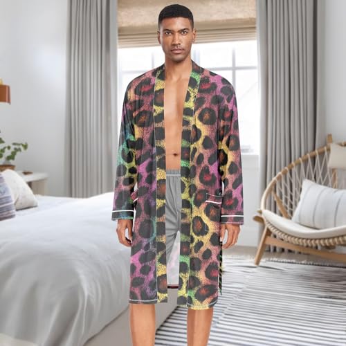 Men’s Robe Neon Leopard Pattern Print, Long Sleeve Lightweight Bathrobe with Belt Pockets M3