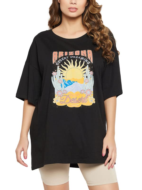 Image of Clovia Women's Cotton Graphic & Text Print Oversized T-Shirt