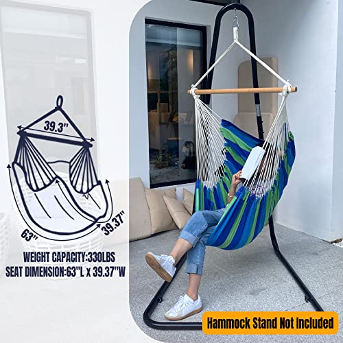 Chulim Hammock Chair Hanging Swing - 100% Cotton Weave Canvas With 2 Cushions And Hardware Kits, Max 330Lbs, Xl Hanging Chair For Indoor Outdoor Patio Yard - Blue & Green Stripe #TOP2