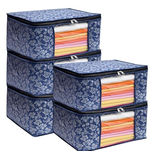 Image of Flower Printed Saree Covers for Storage & Wardrobe with Transparent Window & Zipper Closure | Cloth Organizer for Saree| Blue Pack of 5 | Dustproof & Breathable Wardrobe Storage Bags