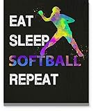 Eat Sleep Softball Repeat Sport Quote Wall Art, 11x14 Unframed Print Poster, Unique Gift for Player Pitcher Coach Appreciation, Girl 12-14, Team Senior Night Teen Girl Bedroom Locker Club, Dorm Decor
