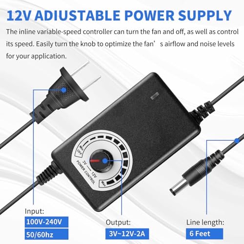 Image of 120mm DC Brushless Blower Fan with Speed Controller, Adjustable 3-12V Power Supply, 1300-3000 RPM, Dual Ball Bearing, Cooling Fan for Electronics Cabinet DIY