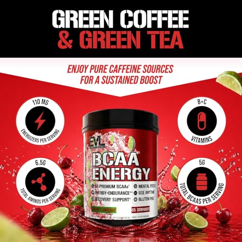 Image of EVL BCAAs Amino Acids Powder - BCAA Energy Pre Workout Powder for Muscle Recovery Lean Growth and Endurance - Rehydrating Post Workout Recovery Drink with Natural Caffeine - Cherry Limeade