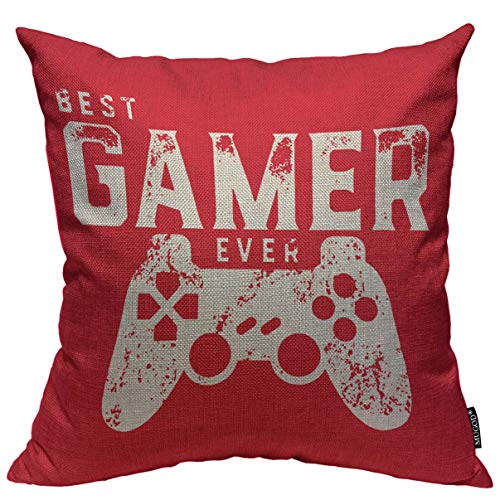 Mugod Throw Pillow Cover Best Gamer Ever for Video Games Geek Home Decorative Square Pillow Case for Men Women Bedroom Livingroom Cushion Cover 18x18 Inch Red White Pillowcase