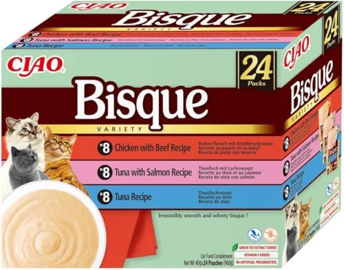 INABA Ciao Bisque, Nassfutter für Katzen mit Thunfisch und Huhn, 24x40g | Cremige Paste und Leckere Katzensuppe mit Hochwertigen Zutaten, Ohne Getreide und Zucker, Kalorienarm, Kei