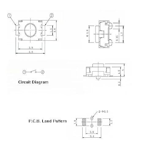 Miniatura 3 de Interruptor táctil de 0.118 x 0.157 x 0.079 in, interruptor de botón táctil, accionado por la parte superior, montaje en superficie, interruptor