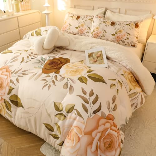 Floral Print Sherpa Comforter Set - Queen Size 3 Pieces Elegant F...