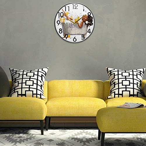 Naanle Young African Woman In Bath With Duck Toys Round Wall Clock, 9.5 Inch Silent Battery Operated Quartz Analog Quiet Desk Clock For Home,Office,School #TOP4