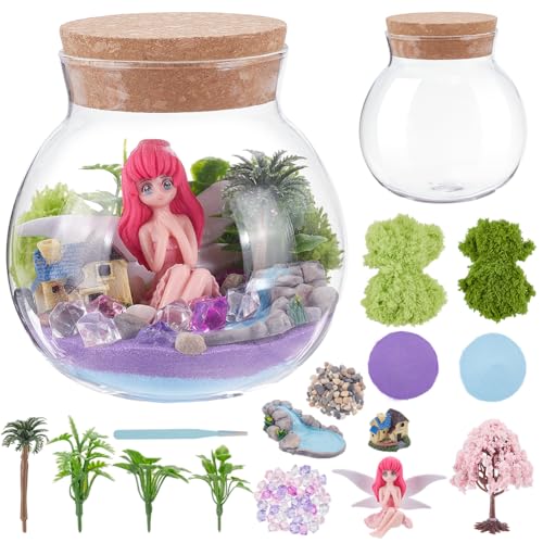 WEBEEDY Kit de Terrario de Jardín de Hadas DIY Decoración de Maceta Terrario de Planta Mini Kit de Terrario de Jardín para Adultos con Cristal Espuma Simulada de Hadas de Árboles Regalo para Mujeres