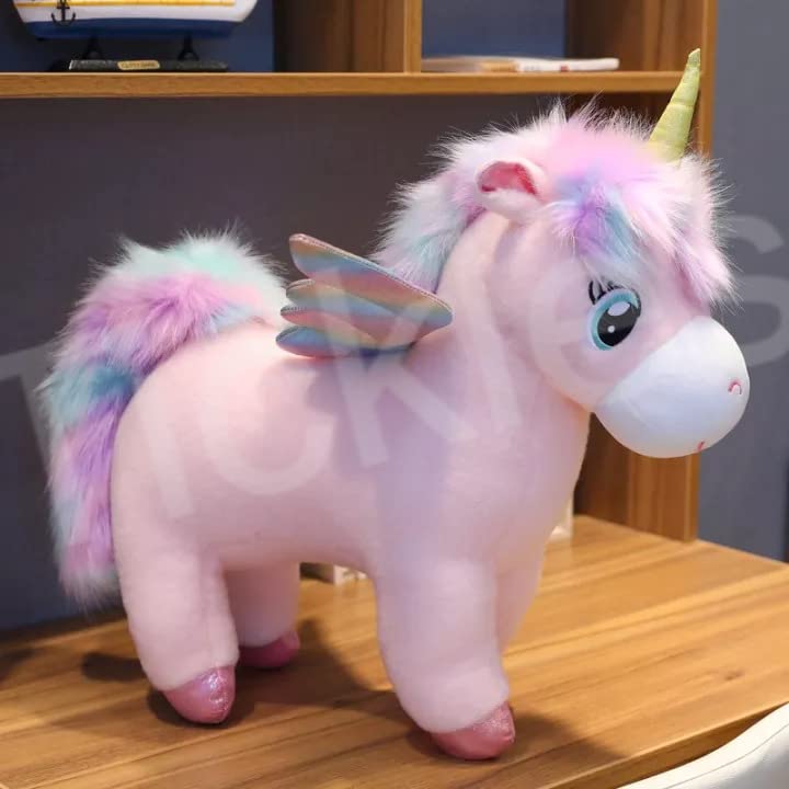 Image of Tickles Soft Stuffed Plush Fantastic Glow Rainbow Wings Unicorn Horse Animal Toy for Kids Room (Size: 35 cm Color: Pink)
