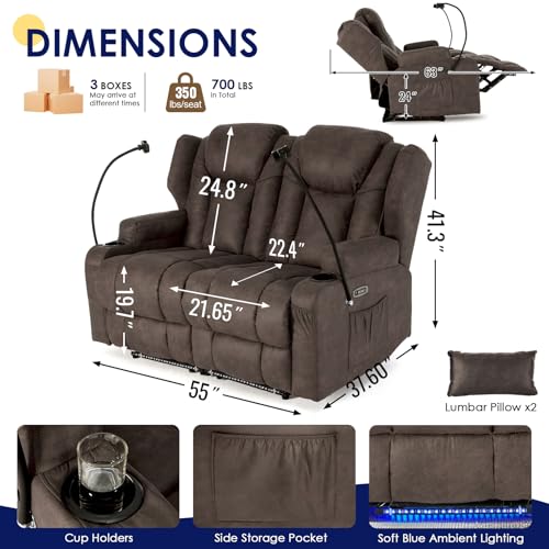 Image of Redlife Power Loveseat Recliner Sofa, Leathaire Farbic Dual Reclining Couch with Vibration ＆ Heating, Blue LED Base Lights, USB Ports, Cup & Phone Holders, Home Theater & RV Reclining (Coffee Brown)