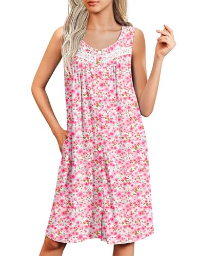 Image of Ekouaer Nightgowns for Women Button Up Sleepshirt Tank Sleeveless Nightshirt Soft Sleepwear with Pockets S-XXXL