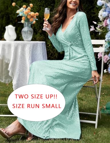 Image of Long Sleeve Sequin Dress For Women Formal Gowns Sparkly V Neck Maxi Dress