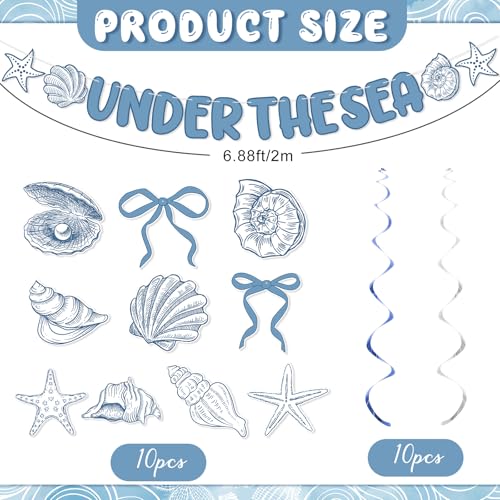 Image of Yunlly Coastal Christmas Decor Blue Bow Starfish and Seashell Garland Hanging Swirls Under The Sea Birthday Party Decorations Coquette Beach Banner for Christmas Bachelorette Wedding Party Favors