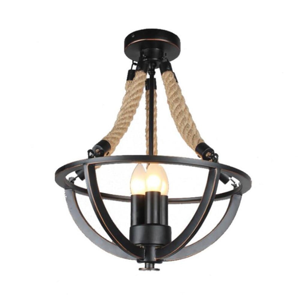 BLOOHK Industrial Hemp Rope Chandelier, 3-Light Rustic Semi Flush Mount Ceiling Light, Vintage Black Metal Globe Fixture for Farmhouse Entryway, Kitchen, Bedroom