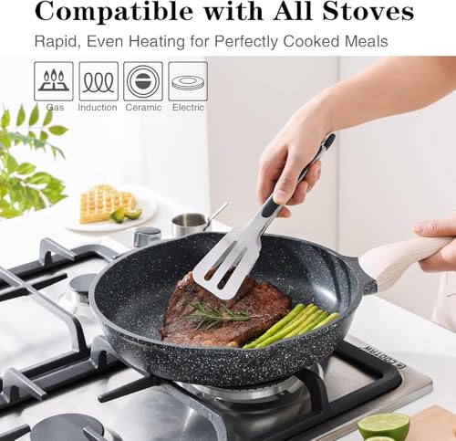 Image of Non-Stick Frying Pan with Wooden Finish Soft Touch Handle, 2.5mm Thickness, Consumes Less Oil, Even Heat Distribution, Induction Bottom and Gas Ready (Black, 20cm+24cm)