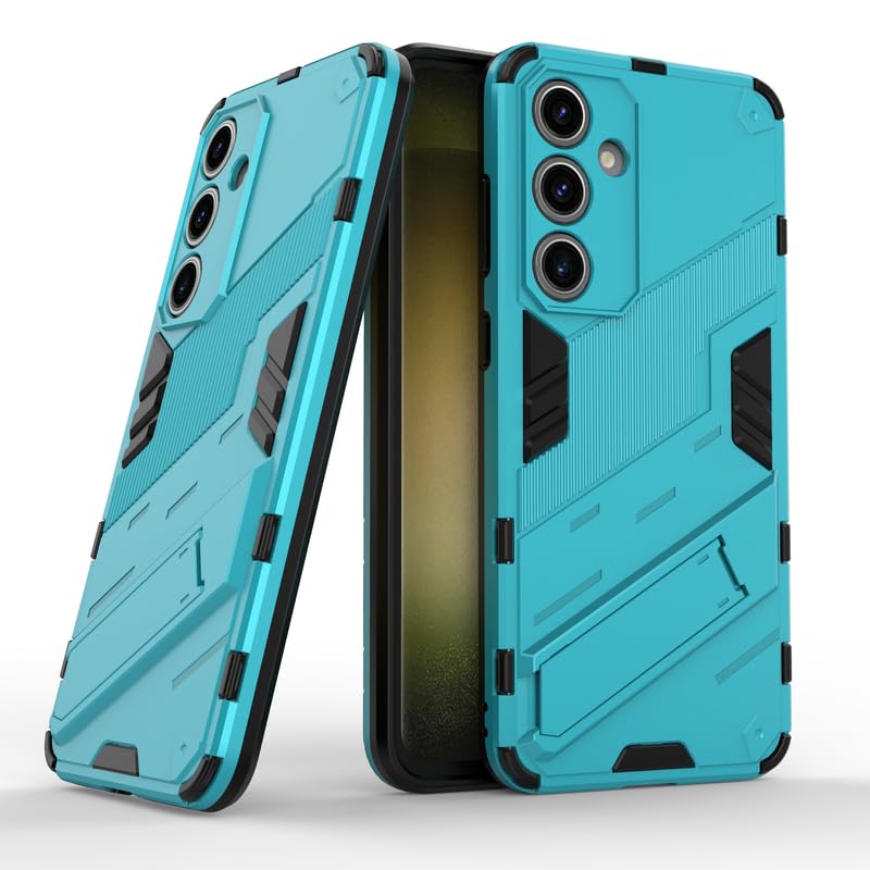 Image of Casodon Rugged Hard Back Case Cover for Samsung Galaxy S24 FE - Military-Grade Armor with Screen & Camera Guard, Dual-Layer Shockproof Design, Raised Edges, and Built-in Kickstand - Cyan Blue
