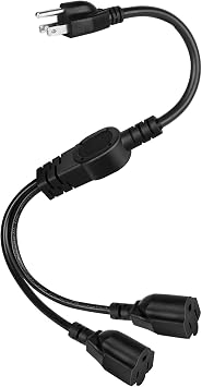 3-Prong Y Splitter Power Extension Cord, 1.6FT 16AWG 10A/1250W, NEMA 5-15P to 2X NEMA 5-15R Y Style 3-Outlet Extension Cord for Home, Room, Office