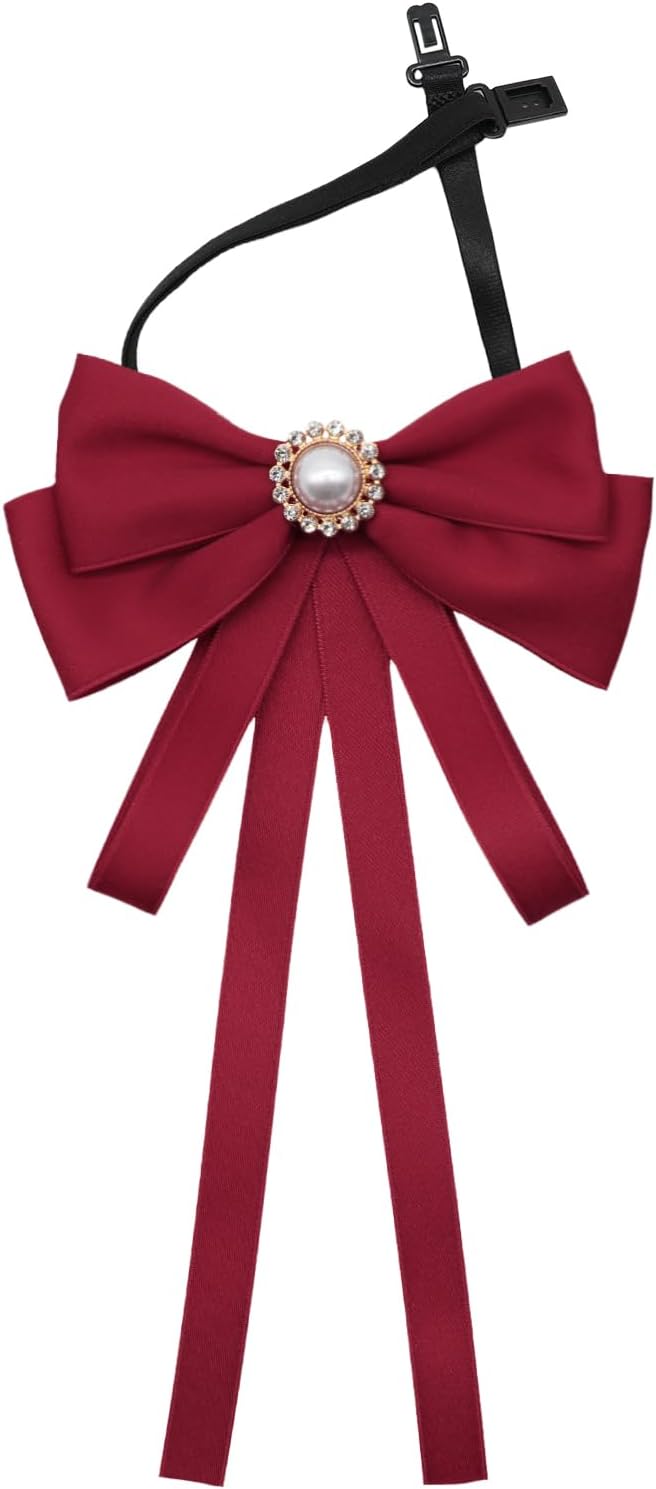Bow Tie for Women and Girls, Pre-tied Rhinestone Bowtie Solid Color Ribbon Bow Ties for Uniform Cosplay School Daily