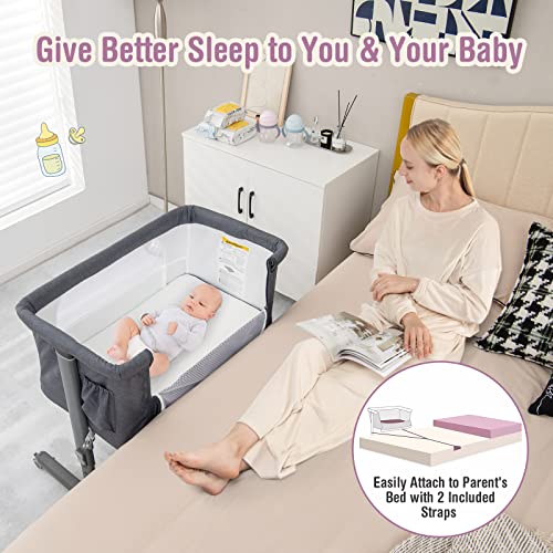 COSTWAY 3-in-1 Baby Bedside Crib, Easy Folding Cot Bed with Mattress, Breathable Mesh Window, Lockable Wheels and Travel Bag, Height Adjustable Newborn Sleeper for Birth to 9kg (Grey) - Image 4