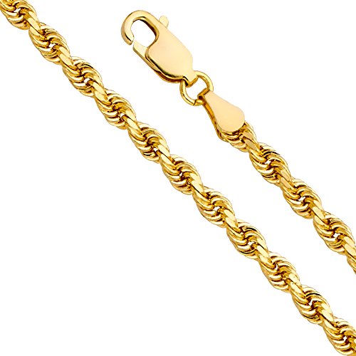 Twjc 14K Real Yellow Gold Solid Men's 5Mm Rope Diamond Cut Chain Necklace With Lobster Claw Clasp - 24" #TOP1