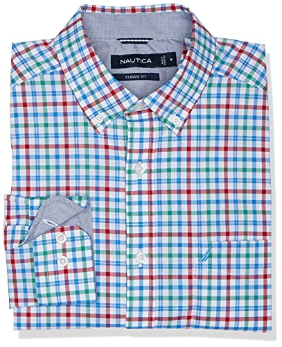 Nautica Men's Ls Stretch Poplin Plaid Button Down Shirt Shirt, Bright White, Large