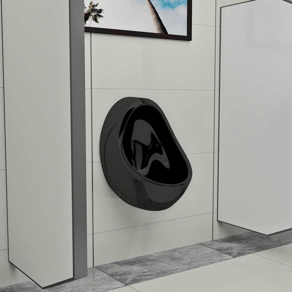 Urinario de pared de cerámica negra con válvula de descarga y desagüe, 33 x 31 x 48 cm para baño, aseo de invitados y comercio, fácil montaje en pared, higiénico, duradero