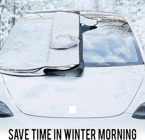 Image of Silver Black Windshield Car Glass Cover for Winter Storm Ice and Snowfall,Waterproof Fabric for Harshest Snow Freeze Weather, Extended Cover for Side Mirrors and Snow /Ice Brush Scrapper