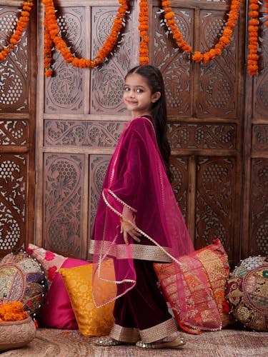 Pspeaches Girl's Silk Blend Kurta Set (Ks-Winevelvet-6_Wine