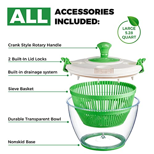 Kitexpert Salad Spinner Large 5.28 Qt, Manual Lettuce Spinner for Veggie Prepping and Fruit Washing, Vegetable Dryer Spinner with Built-in Draining System, Locking and Rotary Handle (Green)