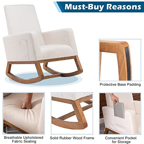 Vingli Mid Century Nursery Rocker Cream Rocking Chair For Bedroom, Nursery Chair Upholstered Nursery Rocking Chairs With Solid Wood Base/Storage Side Pocket #TOP1