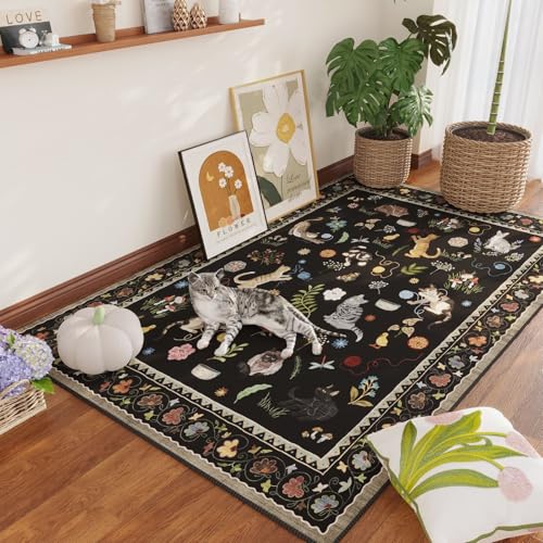 Area Rug 4x6 Rug Washable Boho Rugs Non Slip Low Pile Floral Animal Cat Small Carpet for Bedroom Bedside Kids Room Office Dining Room, Black