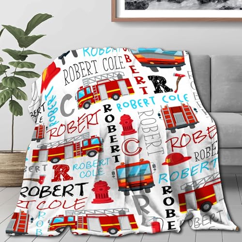 Image of Fire Trucks Firefighter Custom Blanket Gifts Personalized Fire Trucks Throw Blankets for Boys Girls Super Soft Fleece Flannel Air Conditioning Blanket for Couch Bed 80x60 in for Adult