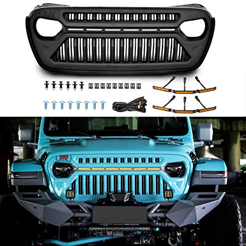 TOPFIRE Front Grill Compatible with 2018 2019 2020 2021 Jeep Wrangler JL JLU & Unlimited Rubicon Sahara Sport and 2020 Gladiator with 6 PCs Amber Lights, Matte Black