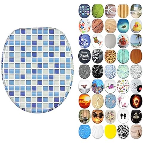 Soft Close Toilet Seat | Stable Hinges | Easy to Mount | Many Different Designs (Mosaic Blue) Cover