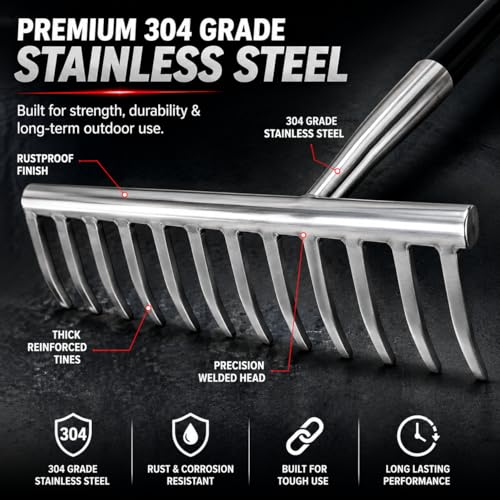 Image of REDBULD Heavy Duty Stainless Steel Garden Rake with Long Handle | Rake for Gardening | Rake for Quick Clean Up of Lawn and Yard | Garden Leaf | Garden Fork