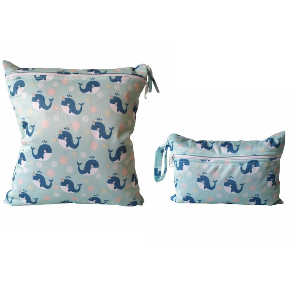 shouzhigo 2Pcs Baby Nappy Bag Wet Dry Cloth Bags Washable Cloth Diaper Bags with Zipper Pockets for Baby Swimming Gym Beach Bag (Whale)