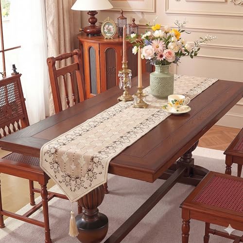 Image of Kuber Industries 72x12 inch Velvet Table Runner for Wedding and Family Dinners | Centre and Dining Table Runner | New Embroidery XL Design - Cream