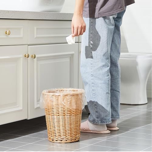 Image of Maxcheck 2 Pcs Wicker Trash Can with 100 Plastic Trash Bag Wicker Waste Woven Basket with Lids and Garbage Bags for Bathroom Kitchen Bedroom Office Bedroom Kitchen Laundry Supplies