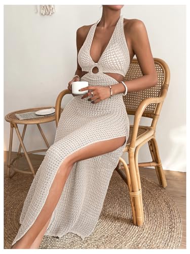 GORGLITTER Women's Crochet Dress Halter Backless Split Thigh Knit Swimsuit Coverup Dress3