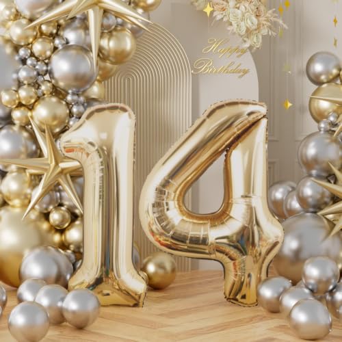 Image of AULE 40 Inch Large 14 Balloon Numbers Light Gold, Big Foil Number Balloons, Giant Helium 41 Happy Birthday Party Decorations for Man and Women, Huge Mylar Anniversary Party Supplies