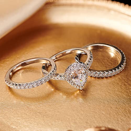 Bridal Ring Sets For Women 3ct 5A Cubic Zirconia Wedding Rings Teardrop Pear Oval Cut Halo Size 5-104