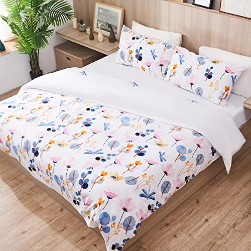 VONLUCE Floral Duvet Cover Twin / Twin XL Size Soft 100% Brushed Microfiber Comforter Cover 2 Piece Bedding Set 1 Duvet Cover & 1 Pillow Sham White w Zipper Closure