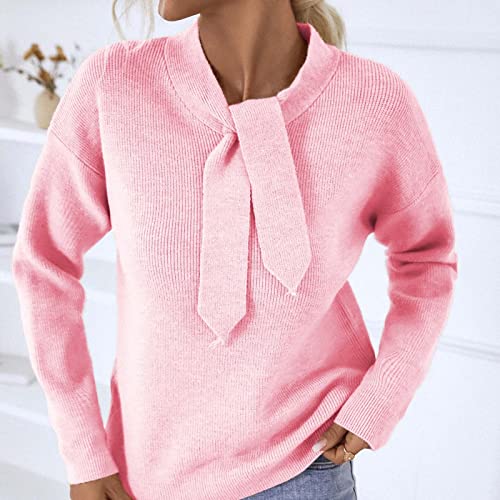 Women's Fashion Bow Tie Neck Knitted Sweater Casual Solid Pullover Sweater Fall Cozy Soft Jumper Cute Blouse Tops Pink #TOP1